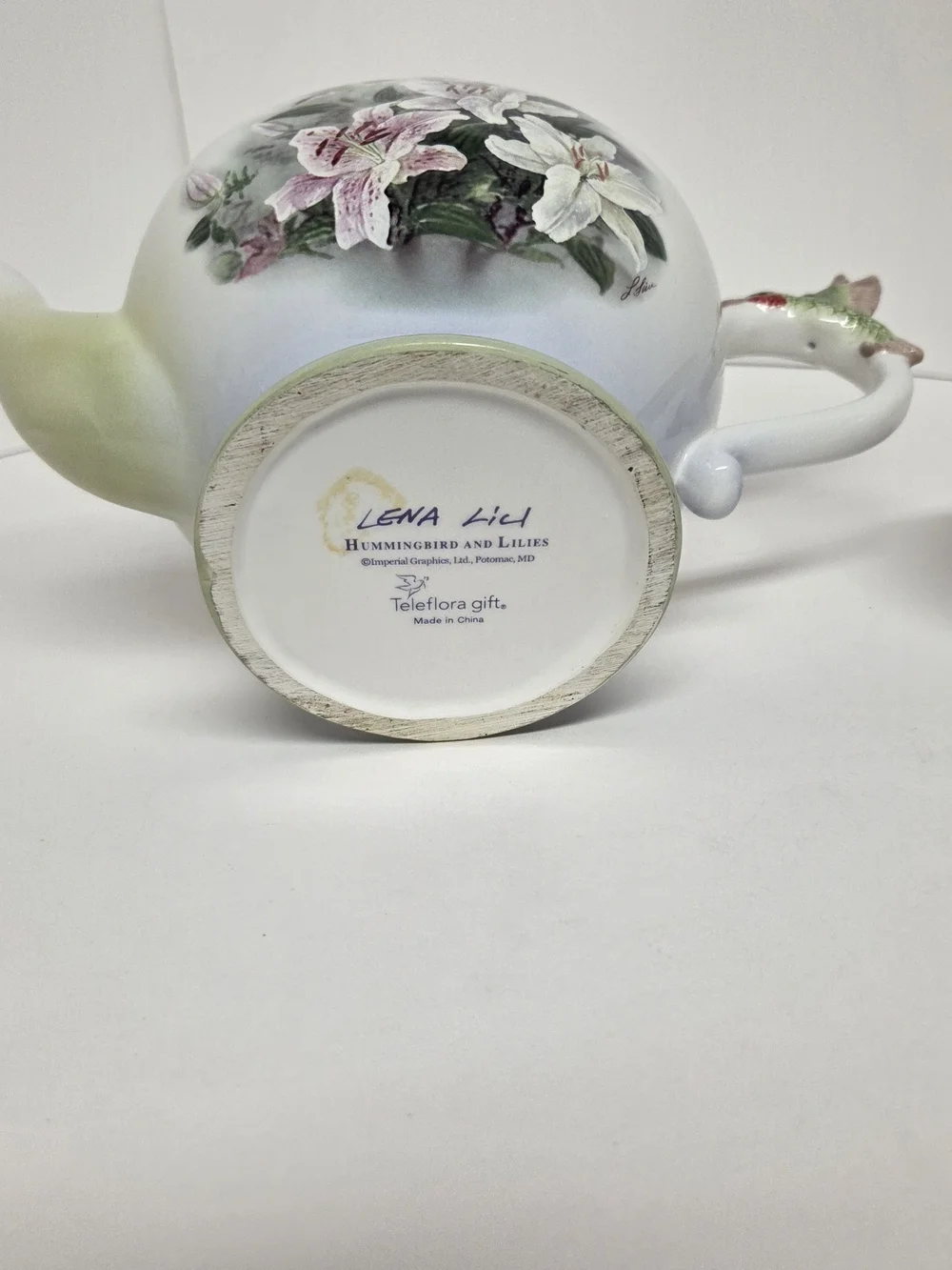 Lena Liu Hummingbird & Lilies Teleflora Ceramic Teapot Floral Bird